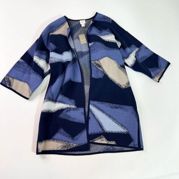 Chico’s Cardigan Sweater Womens Large Blue Painted Abstrac Open Front NWT Long - Picture 1 of 11